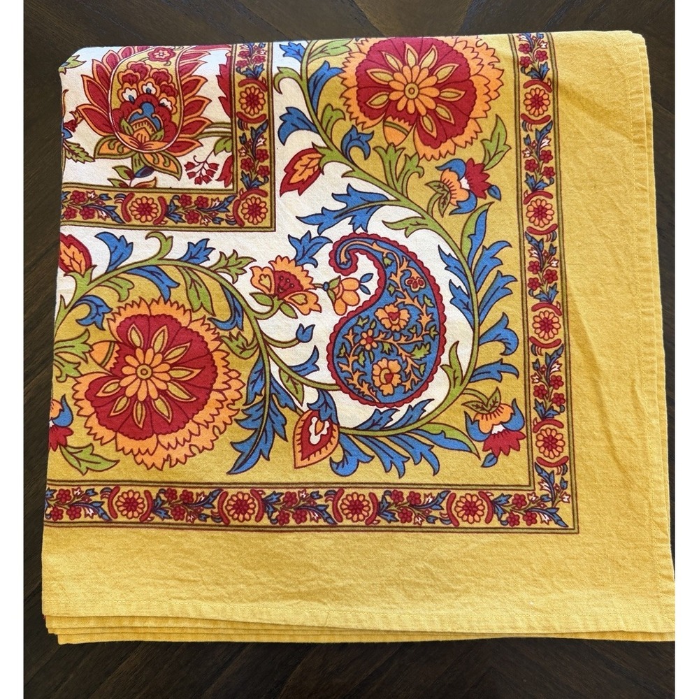 Asha Handcrafts Paisley Floral Tablecloth Border 61" Square Gold Blue Red Colors